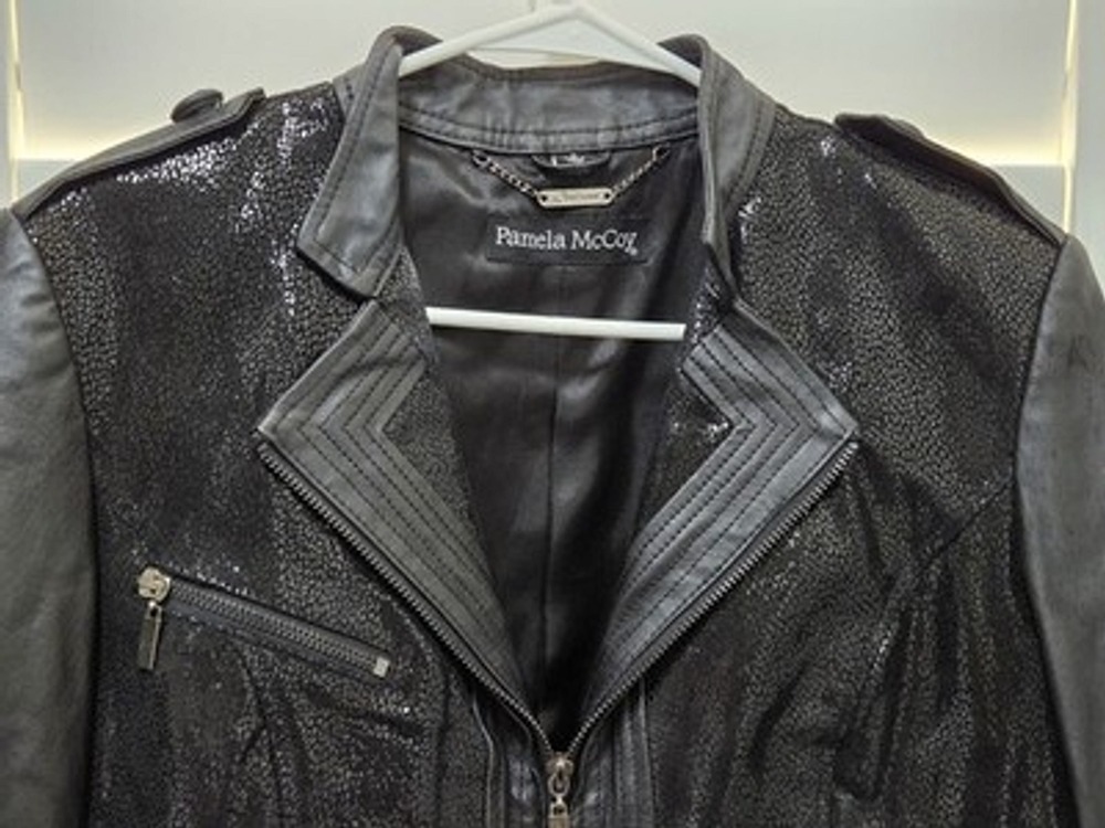 Pamela McCoy Genuine Leather Jacket Black Textured Moto Zip Women's M - Picture 2 of 15